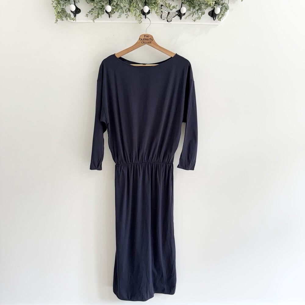 COS Women’s 3/4 Sleeve Cotton Midi Navy Blue Cinched Waist Dress Size Small